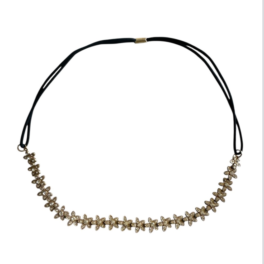 VINTAGE Faux Gold Floral Rhinestone Stretchy Black Strap Hair Headband